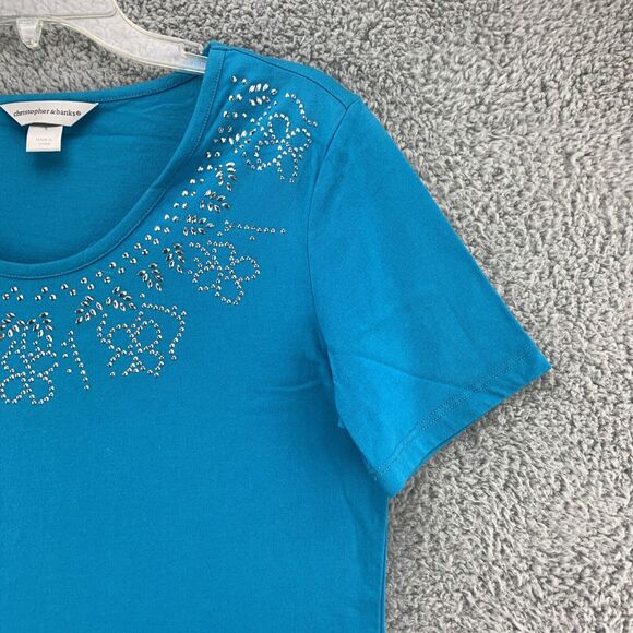 Christopher & Banks Women's Top Size Small Embellished Shirt Short Sleeve Blue - Picture 5 of 11